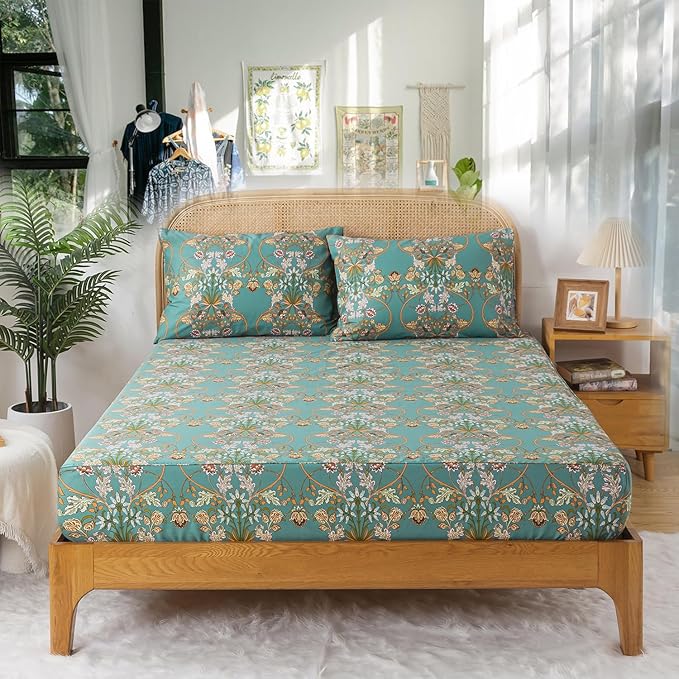 Zusbest Floral Sheets King Bed Sheets Set Boho 100% Cotton Percale Shabby Vintage Teal Blue Orange American Style Bedding Luxury Soft Breathable Crisp Bed Deep Pocket Fitted Sheet 4 Piece