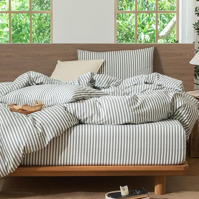 MooMee Striped Duvet Cover Set 100% Washed Cotton Linen Like Textured Breathable Durable Soft Comfy (Heathered Green Classic Stripes, Full 80"x90")