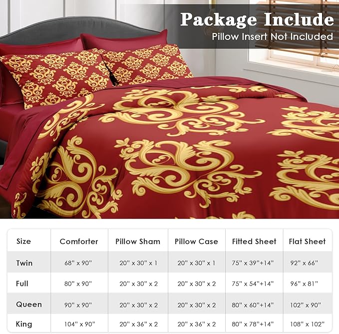 Comforter Set Full Size, Vintage Floral Gold 7 Pcs Bedding for Kids and Adults, Medieval Burgundy Red Bed Sheet Sets with Fitted Sheet 2 Pillowcase & 2 Sham for Bedroom Bed Decor