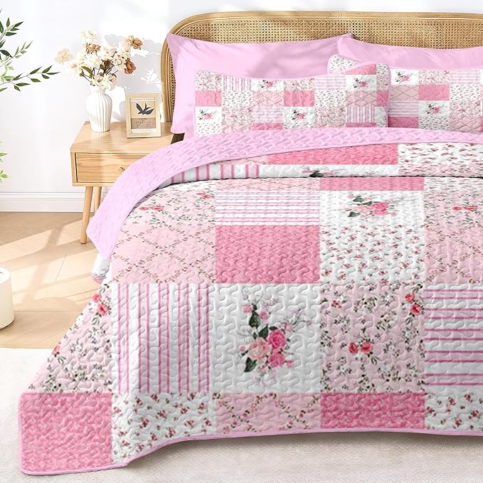 Quilt Set Twin Size, Pink Patchwork Flowers 2 Pcs Soft Bed Cover Bedding Set, Garden Floral Lightweight Bedspread Coverlet with Pillow Sham for All Season