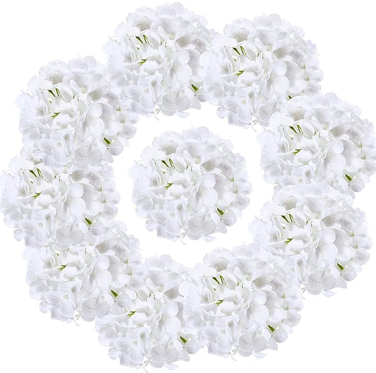 Silk Hydrangea Heads with Stems Artificial Flowers Heads for Home Wedding Decor,Pack of 10 (White)