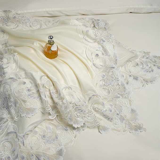mixinni Luxury Satin Duvet Cover Set with Embroidery Lace, Silky Soft Bedding Set (1 Duvet Cover + 2 Pillowcases), Cream White - Elegant Bedroom Comforter Cover, Vintage Royal Style-Full Size
