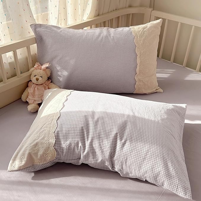 LifeTB Purple Gingham Comforter Set Full Size 3 Pieces Princess Lace Bedding Set Vintage Plaid Checkered Comforter with 2 Pillowcases Cozy Soft Breathable Purple Grid Comforter Set for Girls Teens
