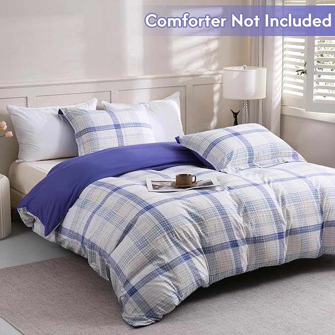 LONAVA Queen Plaid 3 Pcs Duvet Cover Set, Breathable Soft Microfiber Peri Lining Comforter Cover with Zipper Closure, and 2 Anti-Pilling, Fade Resistant Pillowcases, Blue Plaid