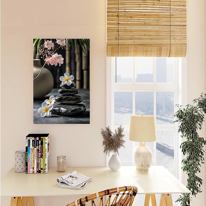 A harmonious black stone stack paired with white and pink flowers bamboo and ceramic vases creates a tranquil Zen decor for minimalist homes and mindful spaces 24x36in Wood Framed