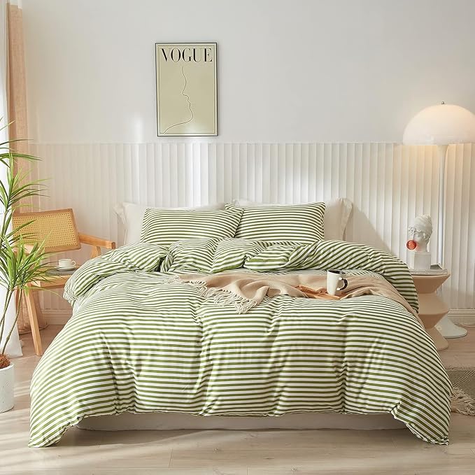 LifeTB King Size Comforter Set Modern Striped Comforter Set King Green White Stripes Pattern Comforter 3 Pieces Lightweight Bedding Comforter Set Boho Stripe Soft Fluffy Comforter with 2 Pillowcases