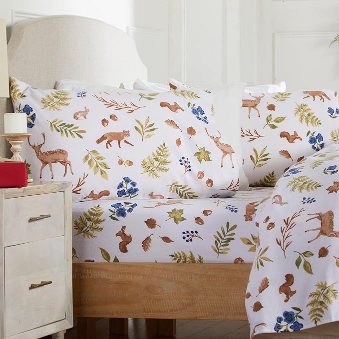 Market & Place 100% Cotton Queen Flannel Sheet Set | 4 Piece Deep Pocket Novelty Cozy Winter Bed Sheets | Double Brushed for Extra Softness & Comfort | Alpine Collection (Queen, Woodland Forest)
