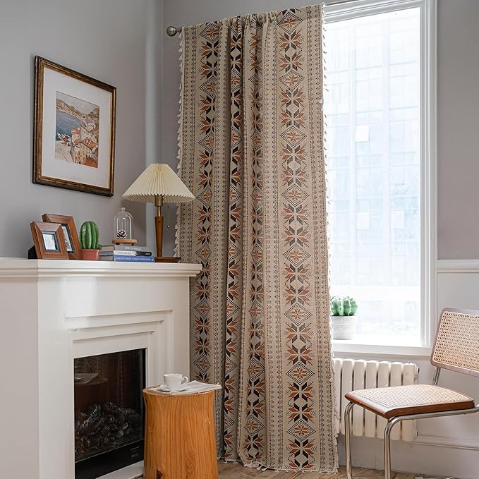 Boho Curtains 63 Inch Length 2 Panels Geometric Patterned Drapes Bohemian Semi Sheer Rod Pocket Tassel Short Window Curtain Panels for Bedroom Living Room Farmhouse Coffee Brown Vintage Rustic Curtain