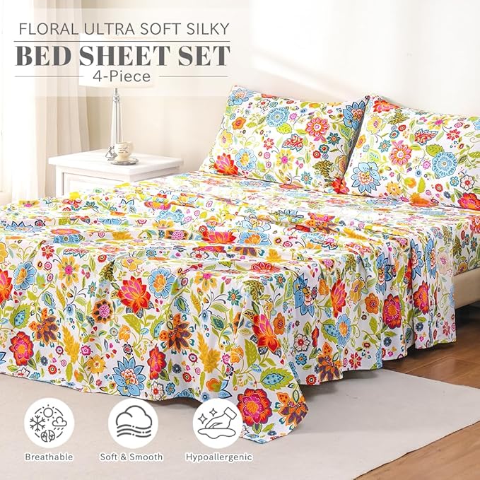 Bedlifes Queen Sheet Set Ultra Soft Breathable Silky Flower Bed Sheets Deep Pocket 100% Microfiber Bedding Sheets 4 Piece Queen Size Floral Spring