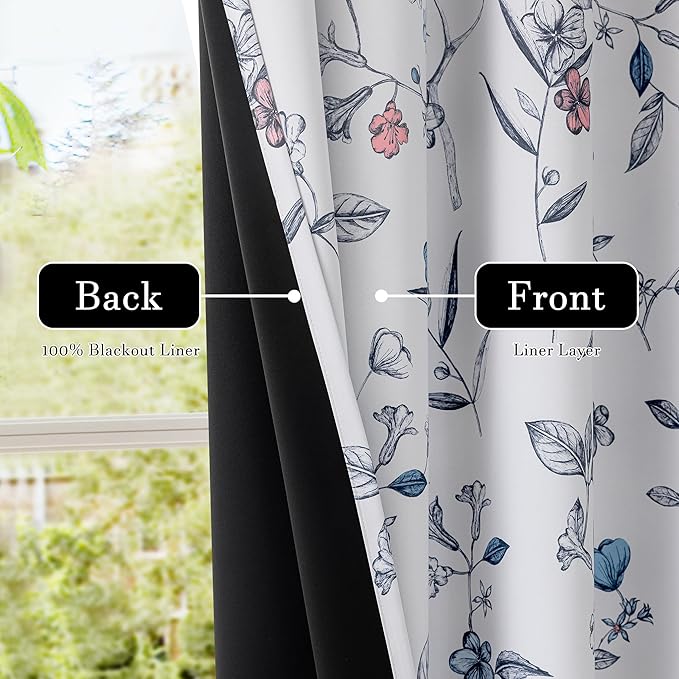 ChrisDowa 100% Blackout Floral Curtains 84 Inches Long 2 Panels for Bedroom Living Room Navy Blue Flower Patterned Room Darkening Thermal Insulated Soundproof Grommet Window Treatments Drapes,52X84