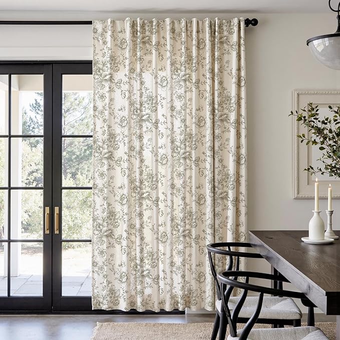 jinachan Linen Floral Curtains 100 Inch Extra Wide for Patio Sliding Glass Door Room Divider Curtain for Living Room 90 Inch Length Farmhouse Peony Christmas Green Printed Curtain Set 1 Panel
