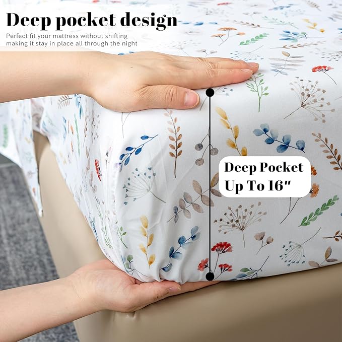 Bedlifes King Sheet Set Ultra Soft, Breathable, Silky Flower Deep Pocket 100% Microfiber Bedding, 4 Piece King Size White Floral
