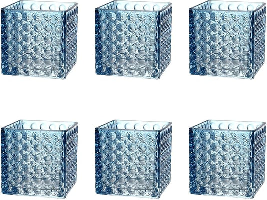 Square Vases Set of 6, 4" x 4" x 4" Square Glass Vases for Flowers, Blue Flower Vase for Centerpieces, Small Bubble Vase for Wedding, Party, Home, Office, Parties, Events