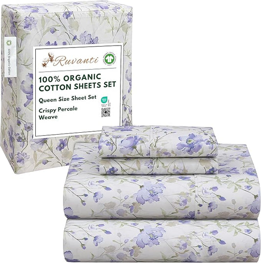 RUVANTI 100% Organic Cotton Sheets Queen Size, Percale Weave, GOTS Certified, 4-Piece Set, Deep Pocket 15", Crisp & Breathable, Soft Durable Bedding, Sábanas Algodón Orgánico – Heather