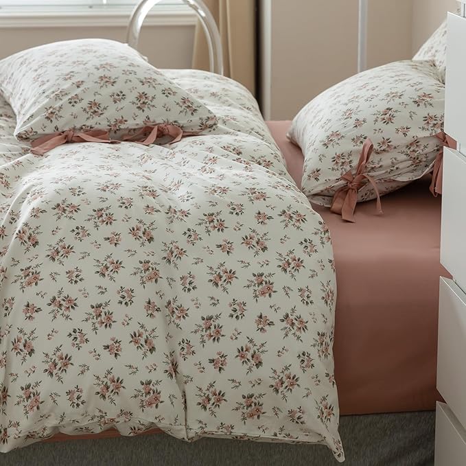 VM VOUGEMARKET Floral Comforter Set Twin,Pink Flower Bedding Set Nature Botanical Style,1 Soft Comforter and 2 Pillow Shams for Girls Women(3pcs,Twin XL)