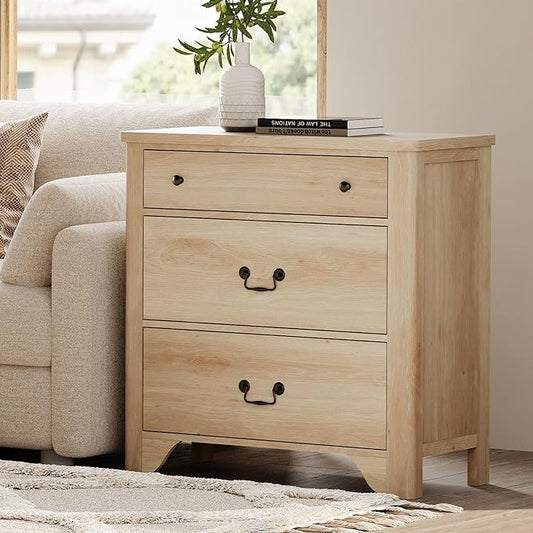 WAMPAT 3 Drawer Dresser, 31.5 Inch Wood Nightstand with Storage, Modern Oak Dresser Wood Chest of Drawers with Curved Profile Design for Bedroom, Living Room