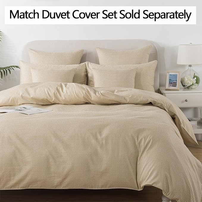 FADFAY Brown Plaid Queen Size Sheets 100% Cotton Geometric Checker Bedding Teens Grid White Gingham Pattern College Bedding Deep Pocket Sheets with 2 Pillowcases Ultra Soft 4pcs, Queen Size
