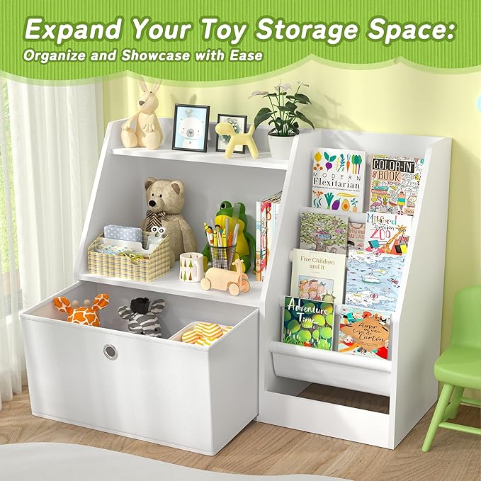 TOETOL Kids Bookshelf,Book Storage Organizer,4 Sling Toddler Wooden Book Shelf,2-Tier Kids Bookcase for Bedroom,Livingroom,Playroom,Nursery-White