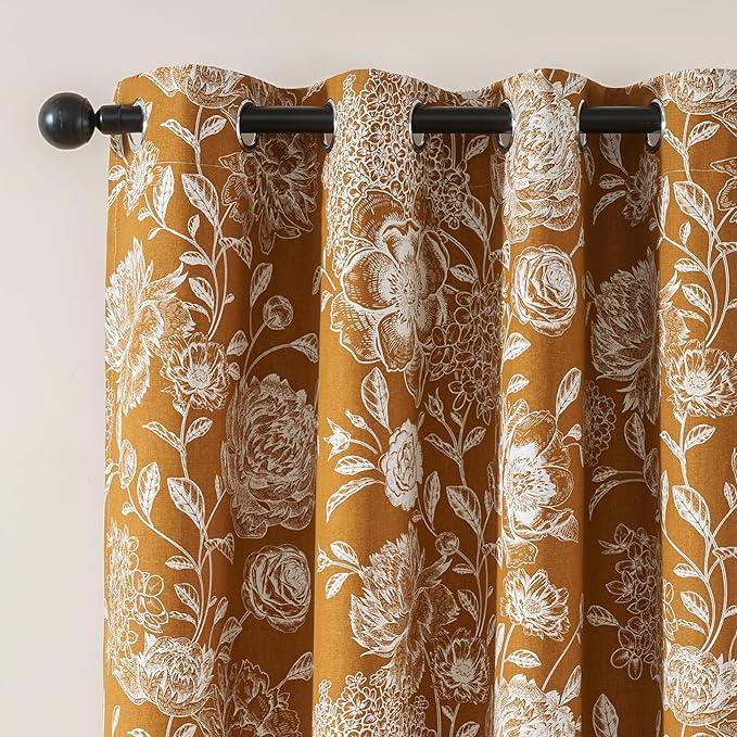 Printed Peony Blackout Curtains for Bedroom- Vintage Orange Floral Pattern on Cotton Blend Fabric, Grommet Top Light Blocking Drapes, Home & Office Decor, 52W x 96L
