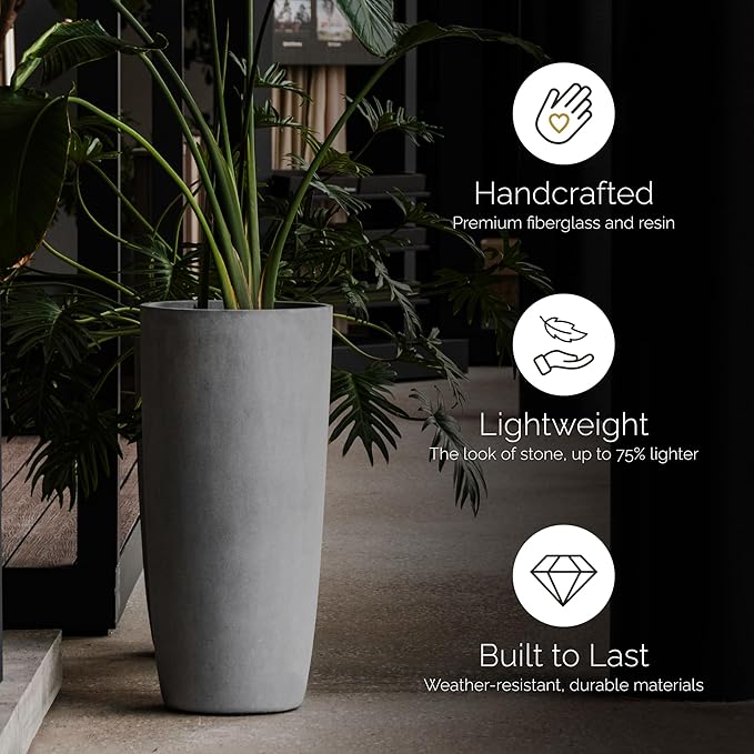Lofto Tall Planter – Grey Stone Finish – Fiberglass Indoor/Outdoor and Weather-Resistant Large Planter (16.5" D x 36.4" H Exterior, 15.3" D x 36.2" H Interior)