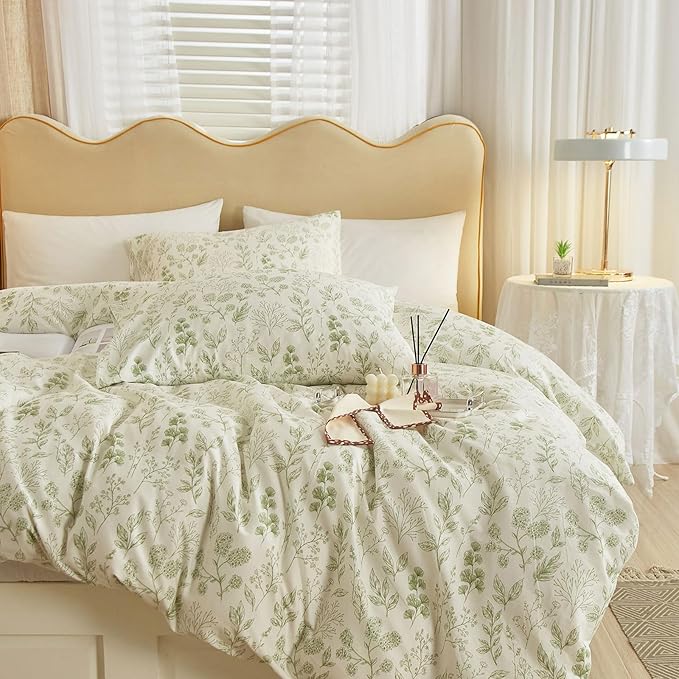 EAVD Reversible Botanical Floral Duvet Cover Twin Soft Cotton Chic Shabby Garden Green Floral Bedding Set with 2 Pillowcases Fresh Vintage Style Green Floral Comforter Cover with Zipper Closure
