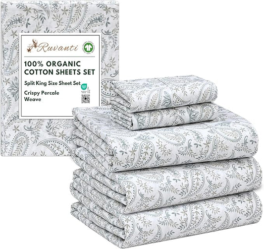 RUVANTI 100% Organic Cotton Sheets Split King, Percale Weave, GOTS Certified, 5-Piece Set, Deep Pocket 15", Crisp & Breathable, Soft Durable Bedding, Sábanas Algodón Orgánico – Ornate Oasis