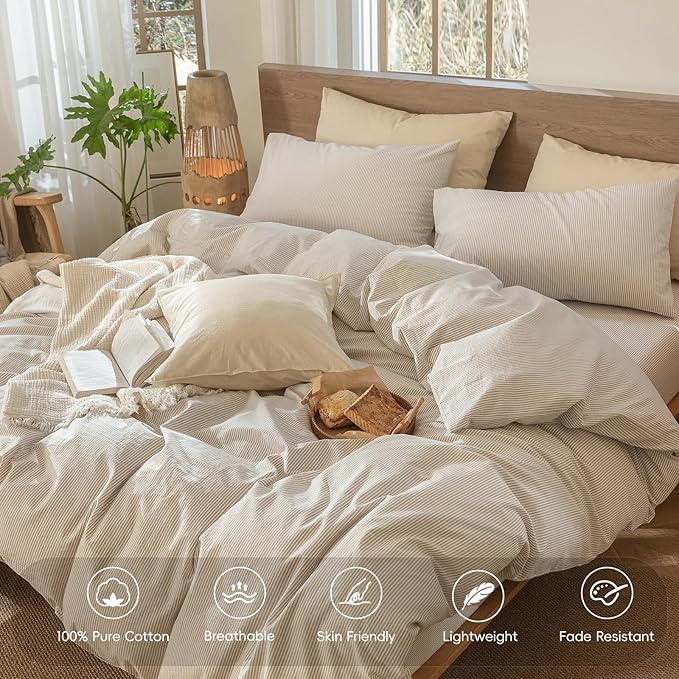 MooMee Striped Duvet Cover Set 100% Washed Cotton Linen Like Textured Breathable Durable Soft Comfy (Tannish Linen Grey White Pinstripes, Oversized Full 82"x86")