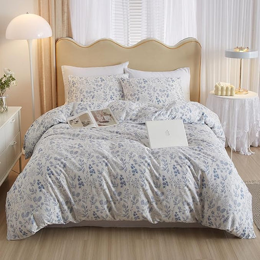 3 Pieces Duvet Cover King Size White Bedding Duvet Cover with Blue Floral Print,Coquette Bedding Soft Cotton Comforter Cover Boho Style,Aesthetic King Bedding Set with Zipper Closure 4 Ties