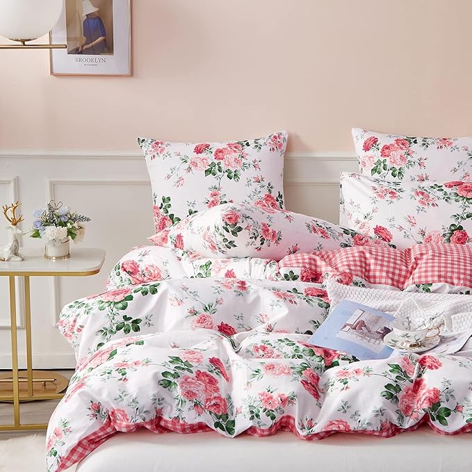 Vintage Pink Floral Duvet Cover Queen 3 Pieces Girls Cottagecore Duvet Cover Soft Microfiber Chic Rose Flower Comforter Cover Pink Plaid Grid Botanical Bedding Floral Aesthetic Comforter Cover Queen