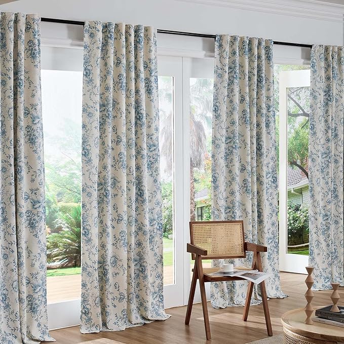 jinchan Blackout Linen Blend Curtain Floral Blackout Curtains for Living Room 63 Inch Length Blue Printed with Lined Blackout Curtain for Bedroom Farmhouse Curtains Set 2 Panels