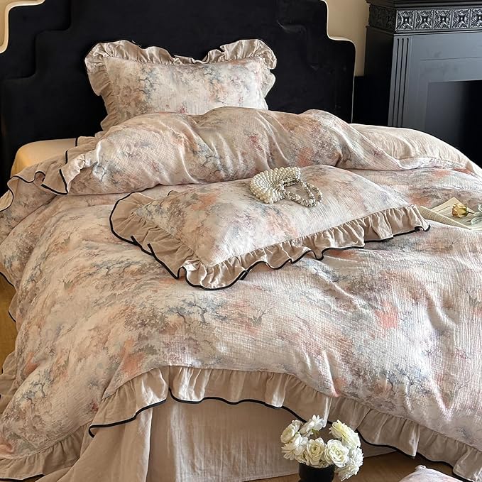 HighBuy Girl French Linen Duvet Cover Full Size,Coquette Ruffle Bedding Beige Jacquard Comforter Cover Set for College,Muslin Yarn-Dyed Cotton Cooling Bedding Set Breathable for Hot Sleepers