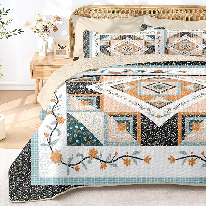 Quilt Set King Size, Farmhouse Floral 3 Pcs Soft Bed Cover Bedding Set, Boho Rustic Geometric Lightweight Bedspread Coverlet with 2 Pillow Sham for All Season