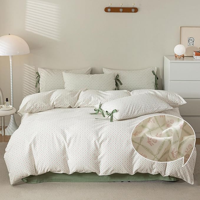 VM VOUGEMARKET Full Comforter Set Red Flower Down Comforter with 2 Bowknot Pillowcases Green White Plaid Prints Modern Farmhouse Bedding Set for All Season Bed in a Bag 80x90 Inch 3 Pieces