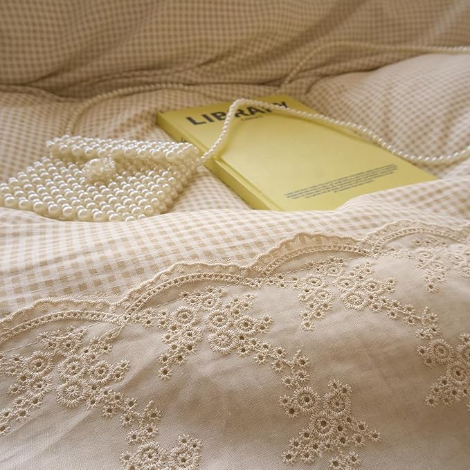 LifeTB Tan Gingham Duvet Cover Twin 3 Pieces Romantic Lace Duvet Cover Vintage Plaid Checkered Comforter Cover with 2 Pillowcases Soft Microfiber Beige Tan Grid Farmhouse Plaid Bedding Set