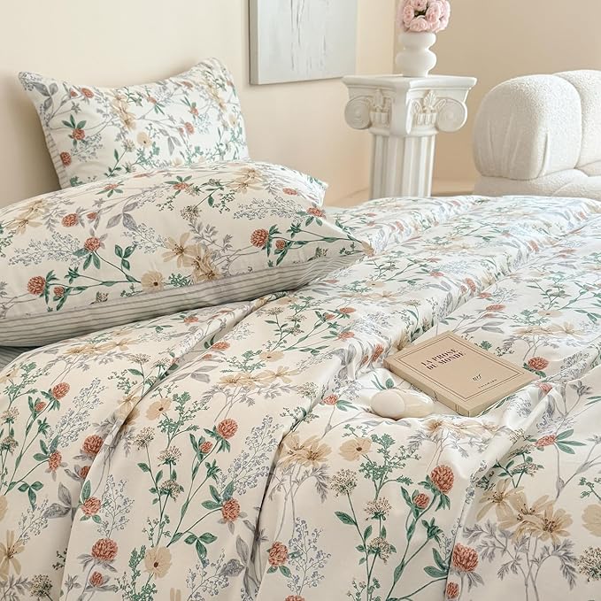 EAVD Girls Floral Duvet Cover Twin Soft 100% Cotton Garden Chic Floral Leaves Pattern Bedding Set with 2 Pillowcases Fresh Botanical Comforter Cover with Zipper Closure