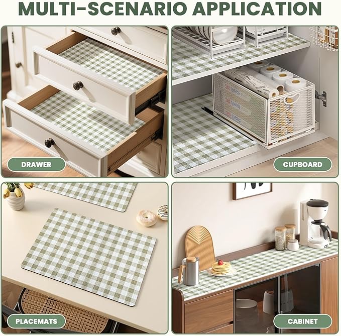 Drawer Liner and Shelf Liner for Kitchen Cabinet Liner Non-Adhesive Non-Slip Shelf Paper, Thick Strong Grip Waterproof Easy to Clean for Shelves, Cupboard, Desks, Green Plaid Pattern, 23.6 in x 40 FT