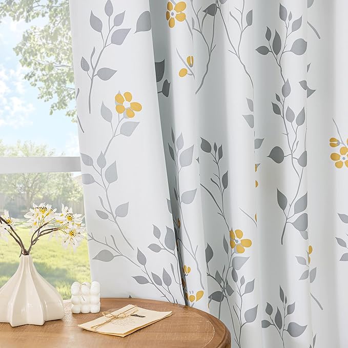 Beauoop Floral 100% Blackout Curtains 108 Inches Long 2 Panels for Bedroom Living Room Yellow Grey and White Flower Patterned Room Darkening Thermal Soundproof Grommet Window Treatments Drapes