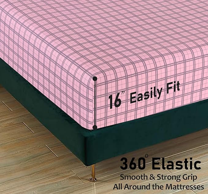 RUVANTI Flannel Sheets Twin XL Size - 100% Cotton Double Brushed Twin XL Sheet Sets, Deep Pockets 16 Inches, All Seasons Breathable & Extra Soft Bed Sheets, Warm & Cozy, 3 Piece, Check & Bolt Pink