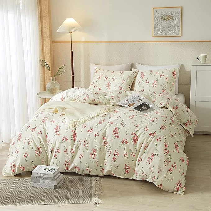 Vintage Pink Floral Comforter Set King Garden Style Boho Pink Floral Bedding Set 1 Floral Comforter with 2 Pillowcases Vintage Botanical Comforter Set Fluffy Cottage Floral King Size Comforter Set