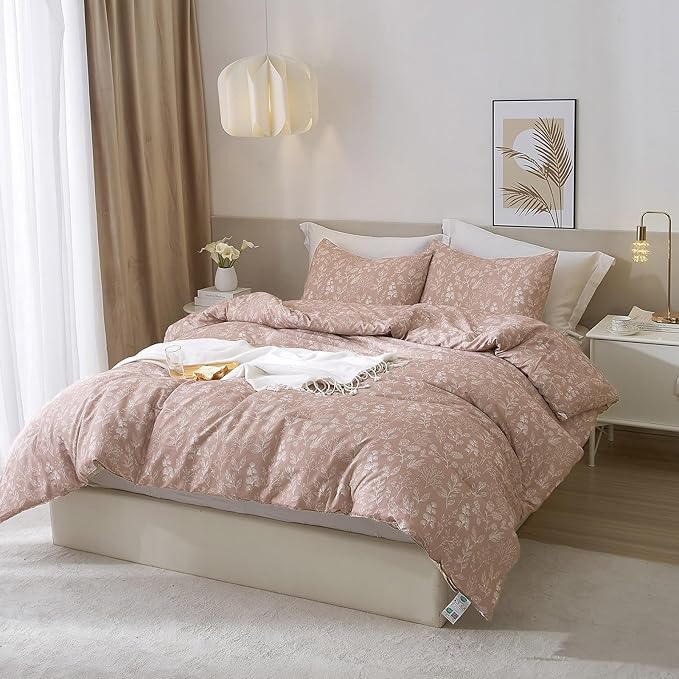 EAVD Girls Floral Duvet Cover Twin XL Dust Pink Soft Cotton Chic Garden Bedding Set With 2 Pillowcases Fresh Reversible Botanical Comforter Cover With Zipper Closure