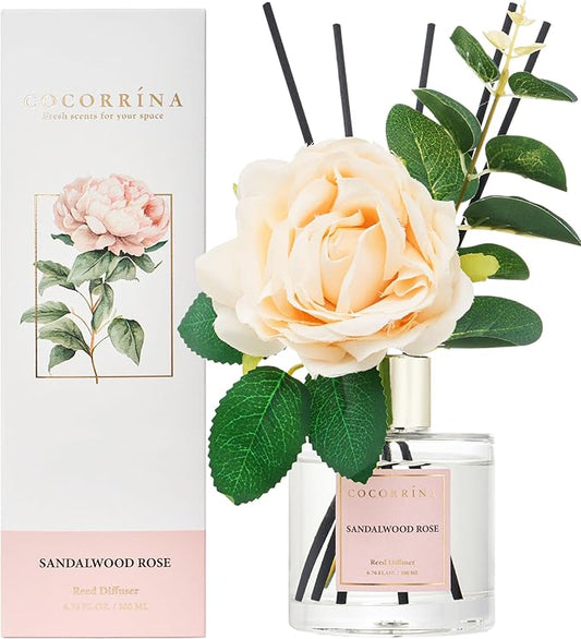 Cocorrina Reed Diffuser Set, Flower Reed Diffuser Sandalwood Rose 6.7 oz, Scented Diffuser with Sticks Home Fragrance Essential Oil for Bathroom Shelf Decor, Living Room, Large Room, 1pack