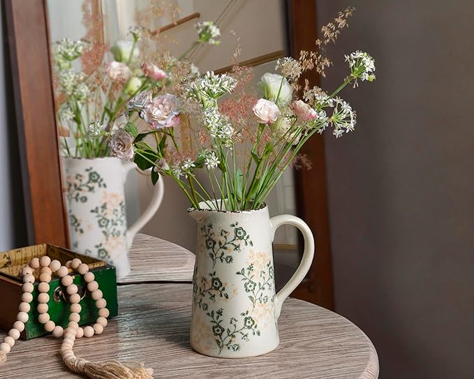 Ceramic Vintage Flower Vase with Handle, Chinoiserie Floral Pitcher Vase for Home Decor, Decorative Vases for Centerpiece Table Decorations, Green and White Vases for Living Room Kitchen Shelf Decor