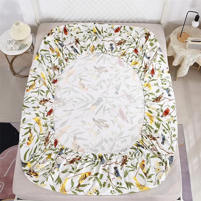 RYNGHIPY Farmhouse Flowers Print Bed Sheet Collection Set Botanical Floral Sheets with Pillowcasess (White Green,Queen Size)