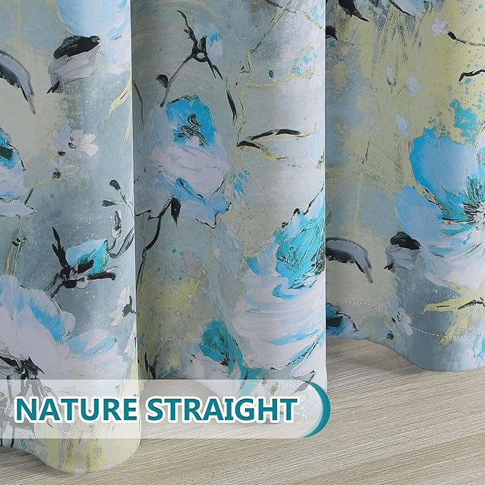 MYSKY HOME Floral Curtains 84 inches Long 2 Panels Blue Curtains for Bedroom/Living Room Thermal Insulated Flower Printed Window Drapes with Grommet, Teal and Blue
