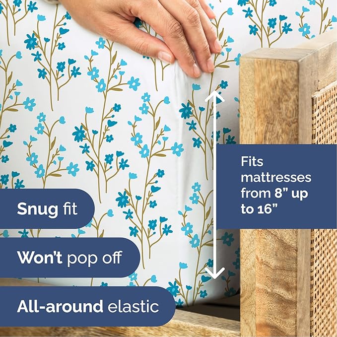 Floral Sheets - Blue Floral Bed Sheet Set - 1 Flat, 1 Fitted & 1 Pillowcase w/ Deep Pockets - Comfy, Wrinkle & Fade Free - Boho Botanical Bedding - Ultra-Soft, Breathable and Cooling - Twin Size Set