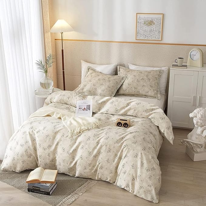 Beige Comforter Set Queen Garden Flower Comforter with 2 Pillow Shams Aesthetic Botanical Bedding Set Boho Floral Comforter Set 90x90 Inch