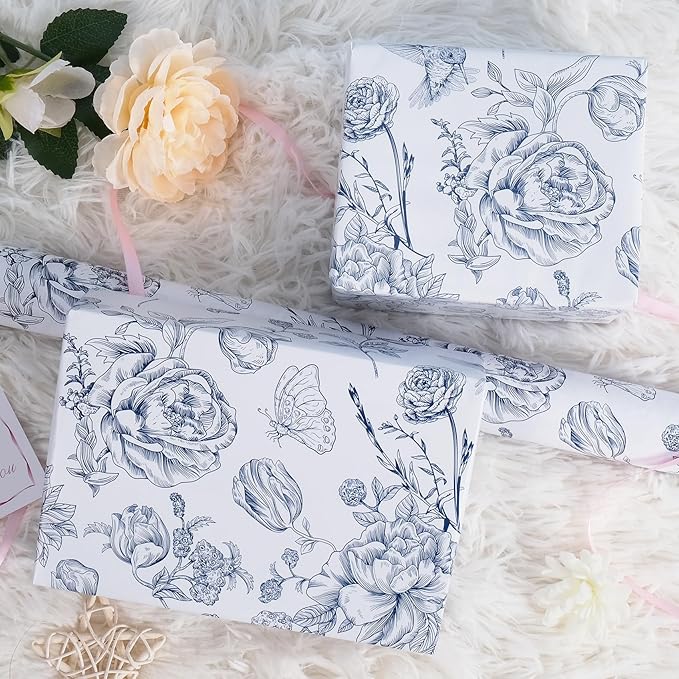 RayofSun Blue Floral Wrapping Paper Roll 17 in x 32ft Mini Roll Vintage Toile Flower Gift Wrap Paper for All Occasion Wedding Birthday Bridal Shower Party Baby Shower Christmas