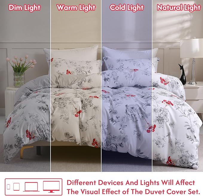 LONAVA King Flower 3 Pcs Duvet Cover Set, Breathable Soft Microfiber White Lining Comforter Cover with Zipper Closure, and 2 Anti-Pilling, Fade Resistant Pillowcases, Gothic Rose