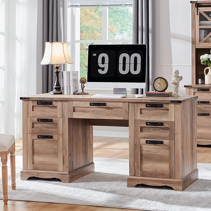 RedLemon 60" Farmhouse Executive Desk with Drawers, Wood Home Office Desk w/Charging Station, Keyboard Tray, File Drawer, Storage Cabinet, Rustic Computer Writing Desk (Natural Oak)