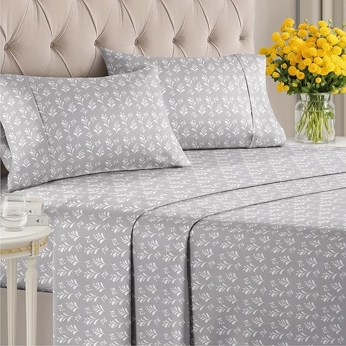 Floral Sheets - Grey & White Bed Sheet Set - 1 Flat, 1 Fitted & 2 Pillowcases w/ Deep Pockets - Comfy, Wrinkle & Fade Free - Boho Botanical Bedding - Ultra-Soft, Breathable & Cooling - Full Size Set